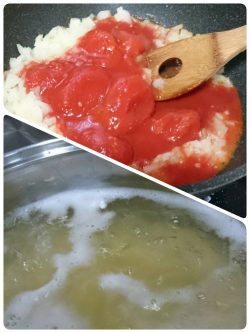 ホールトマトを加えて炒める。パスタを茹でる。